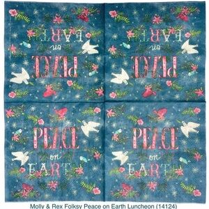 Molly & Rex Two (2) Individual Folksy Peace on Earth  Decoupage Luncheon Napkins